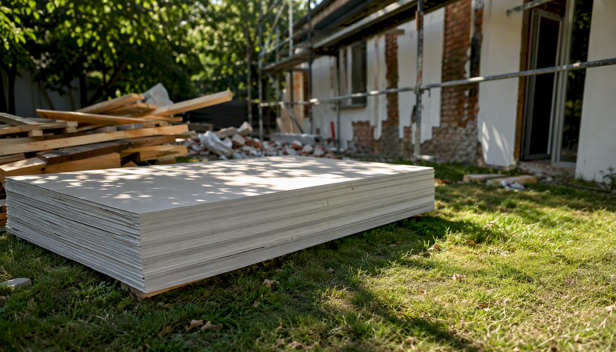 Separate stack of plasterboard sheets at renovation site