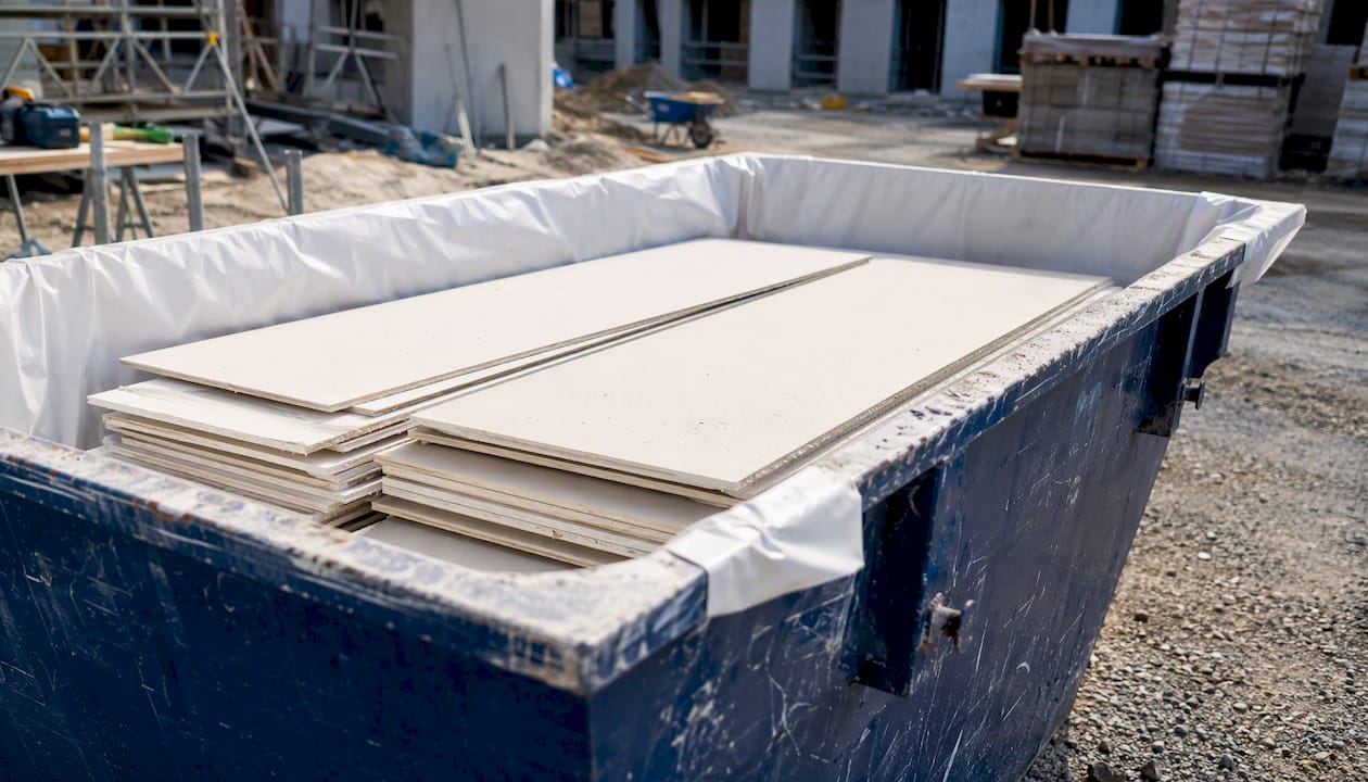 Lined skip bin filled with plasterboard sheets