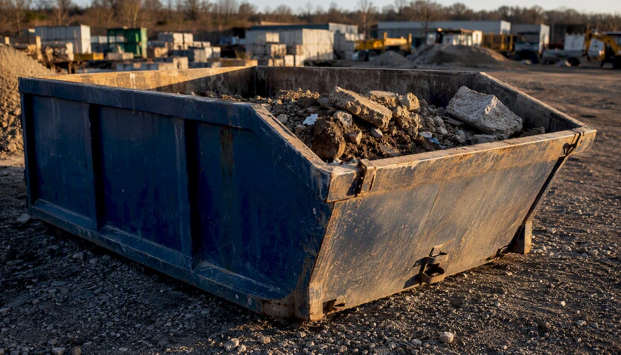 Heavy waste skip bin with concrete rubble