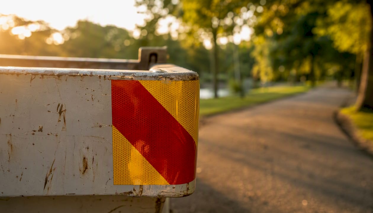 Skip bin corner with reflective safety tape
