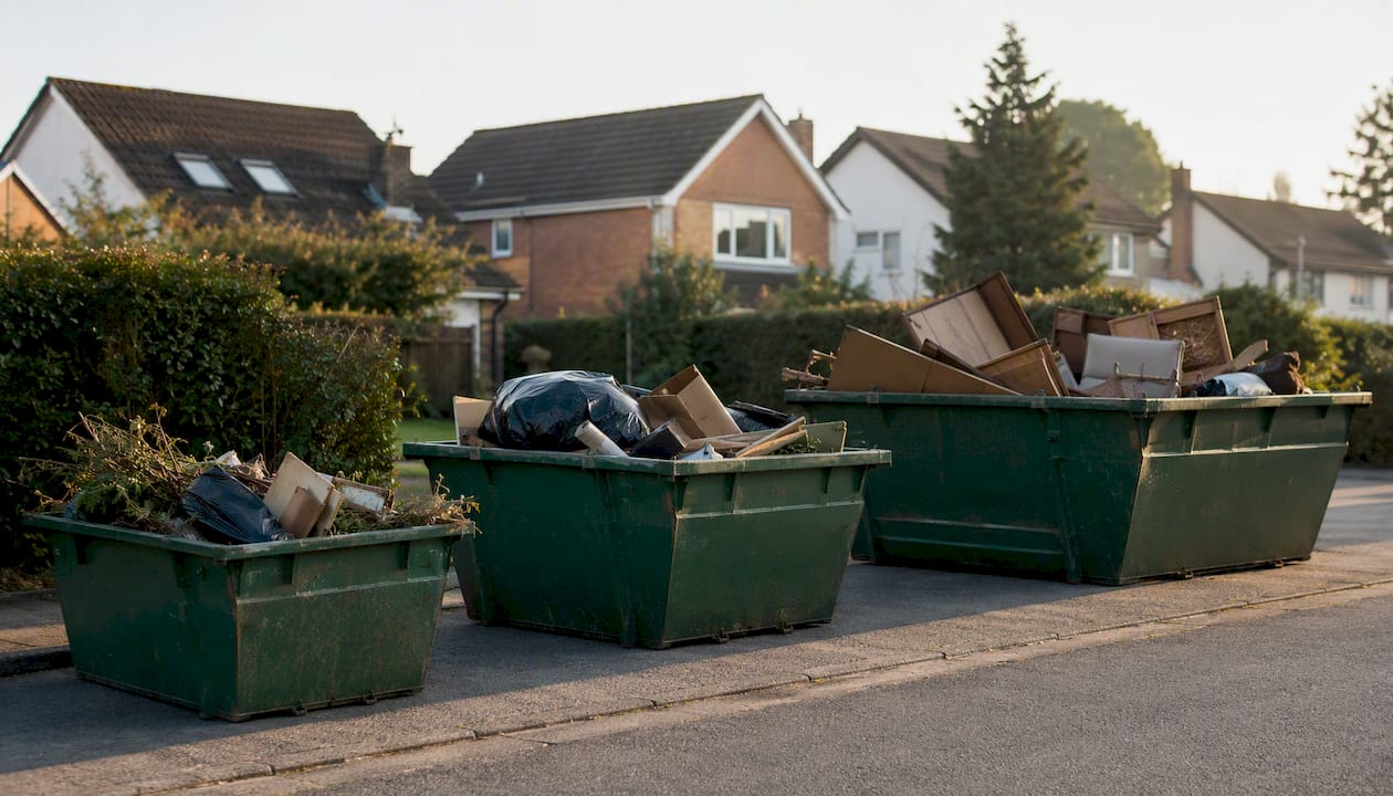 Multiple skip bins with mixed household waste