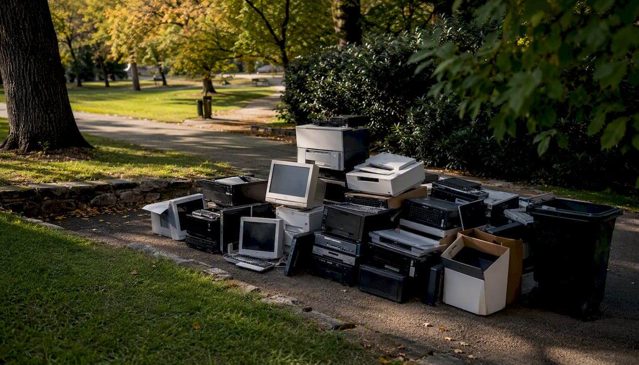 Stack of household e-waste electronics