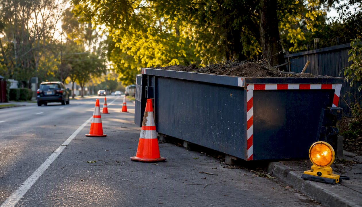 Skip bin with traffic safety setup on public road