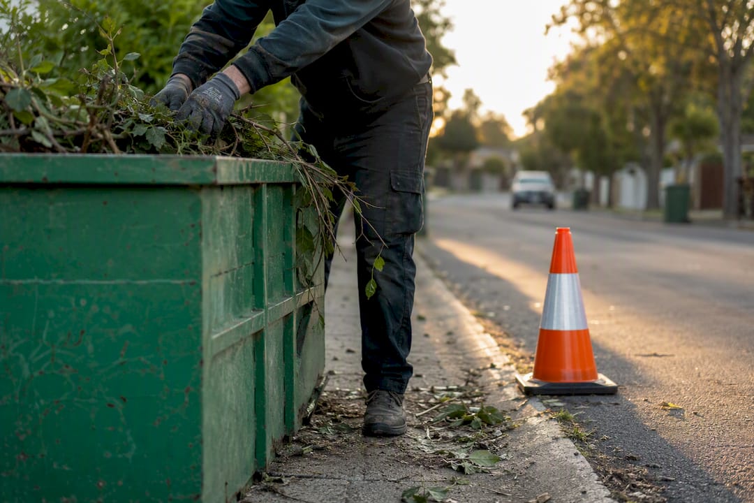 Hands loading skip bin with traffic cone nearby