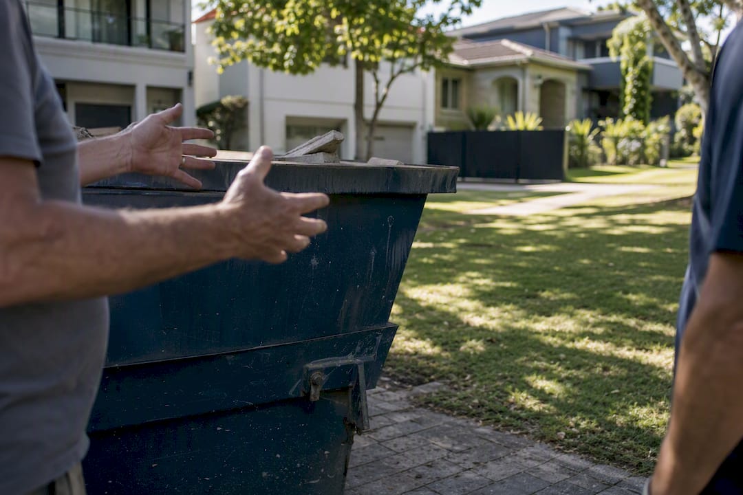 Skip bin blocking driveway with neighbors coordinating