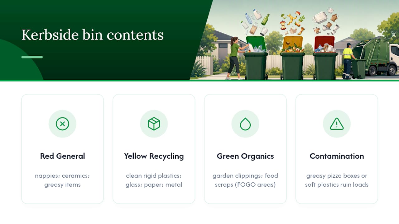 Red yellow green kerbside bin guide