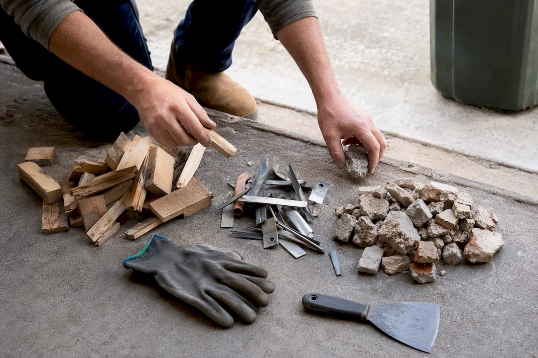 Hands sorting timber metal and rubble