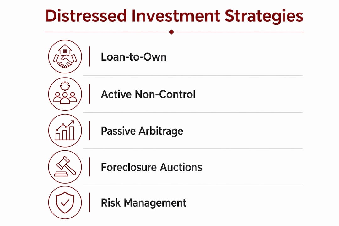 Infographic showing distressed investment strategies steps
