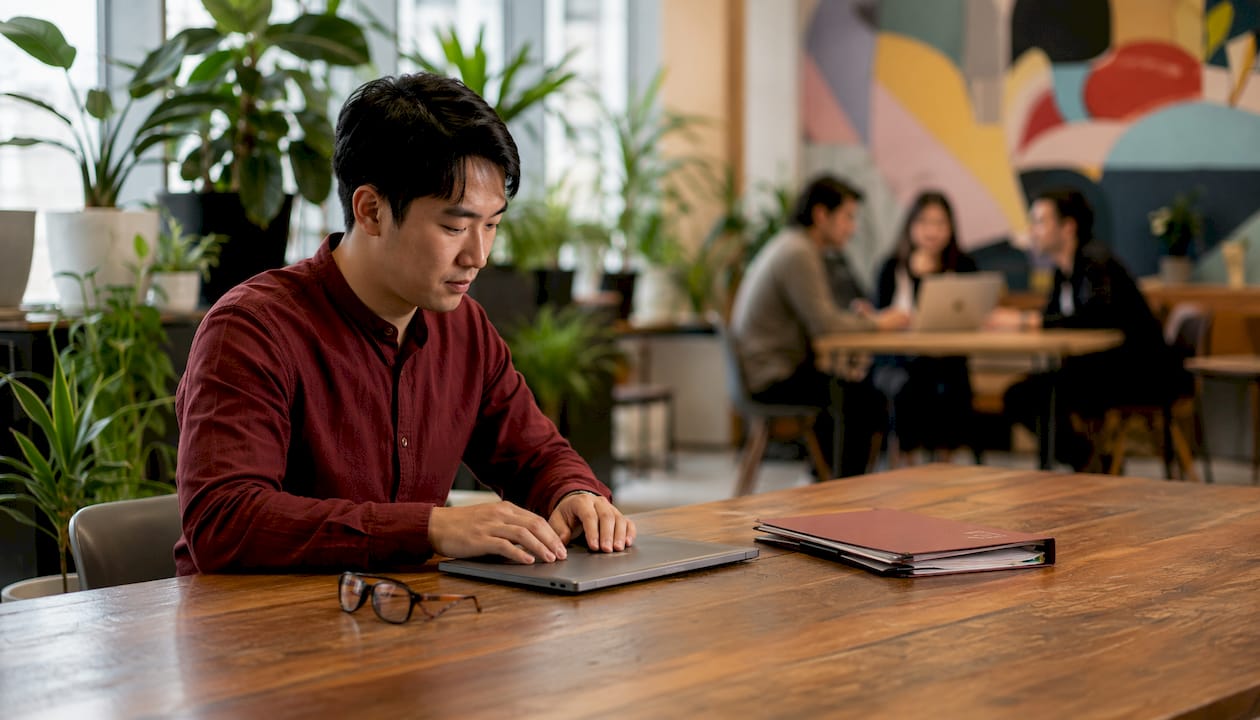 Hands on laptop in legal tech office