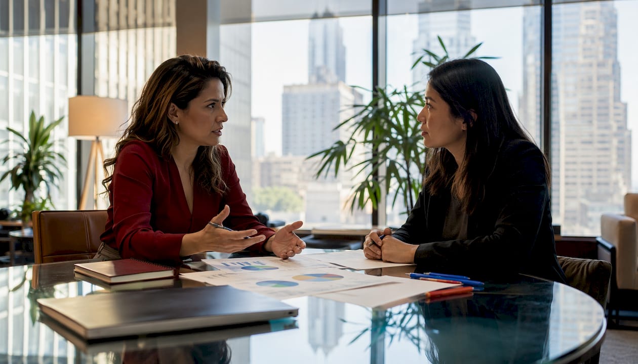 Two women discussing blockchain regulation