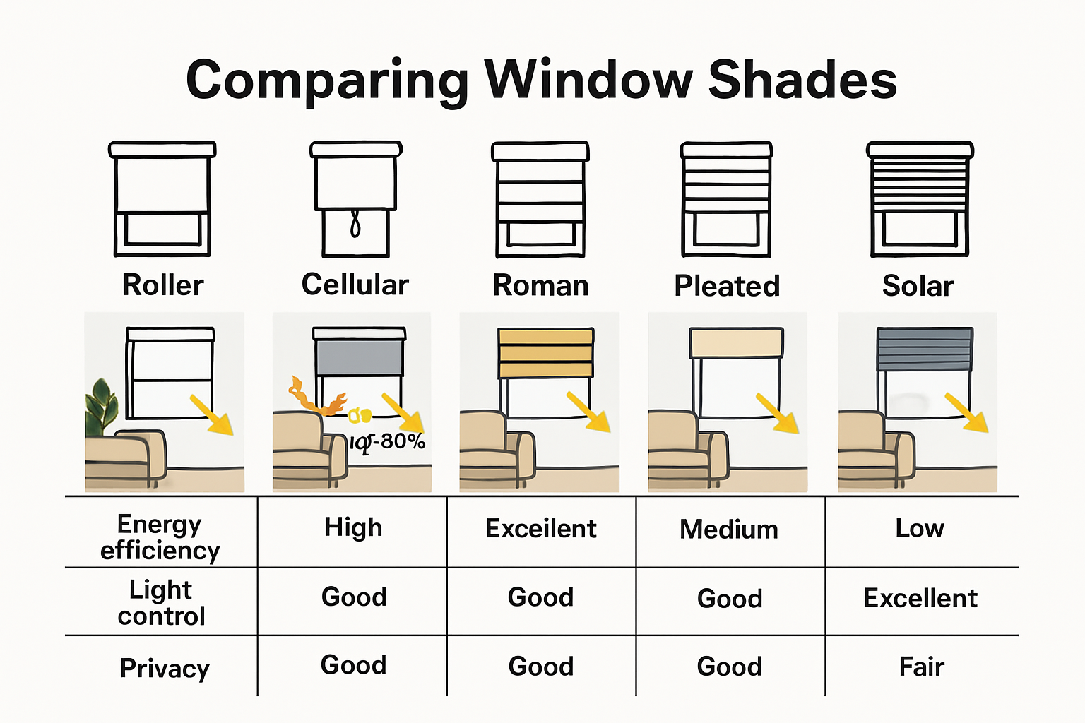 Comparison infographic of window shade types and features