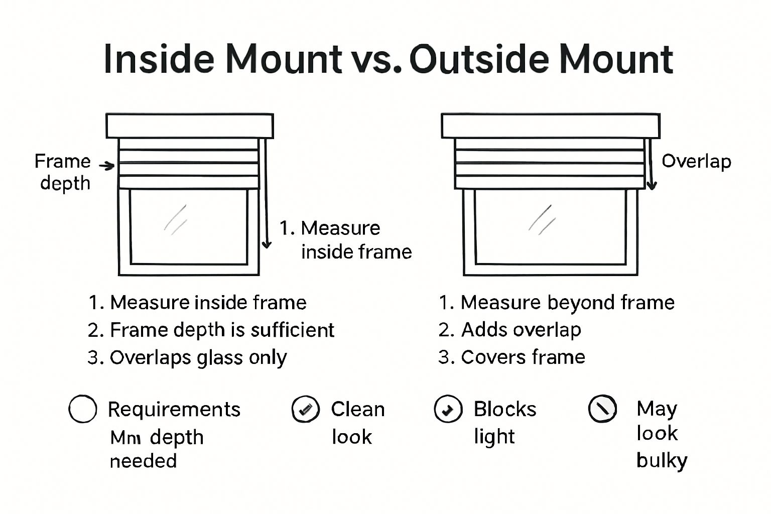 Infographic showing inside vs. outside mount blind measurements and decision factors