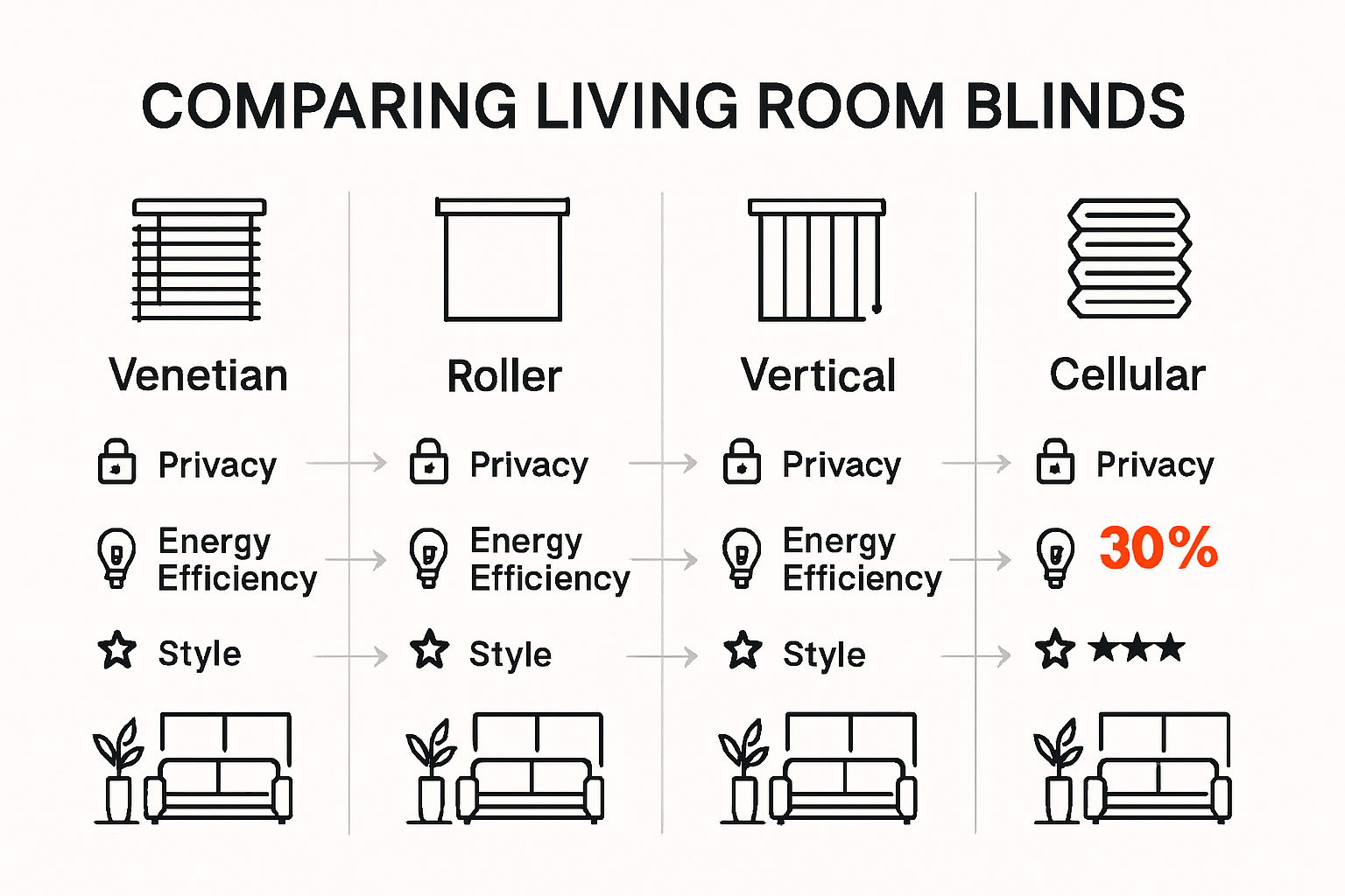 Infographic comparing blind types for living rooms