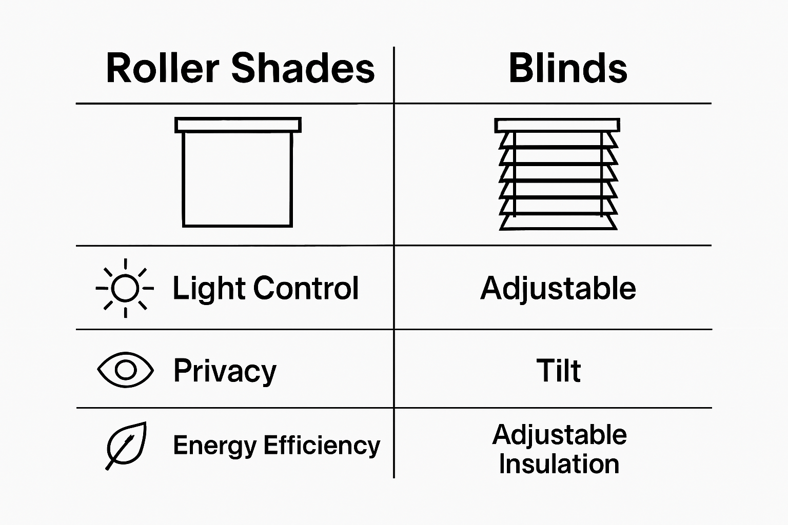 Infographic comparing light, privacy, and energy differences between roller shades and blinds