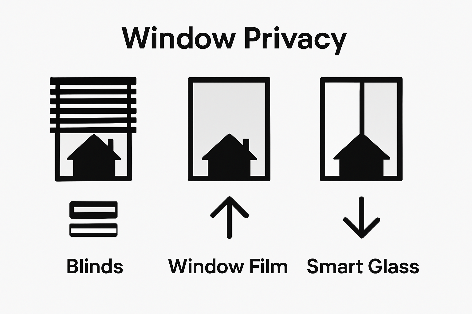 Blinds, window film, and smart glass privacy solution comparison infographic