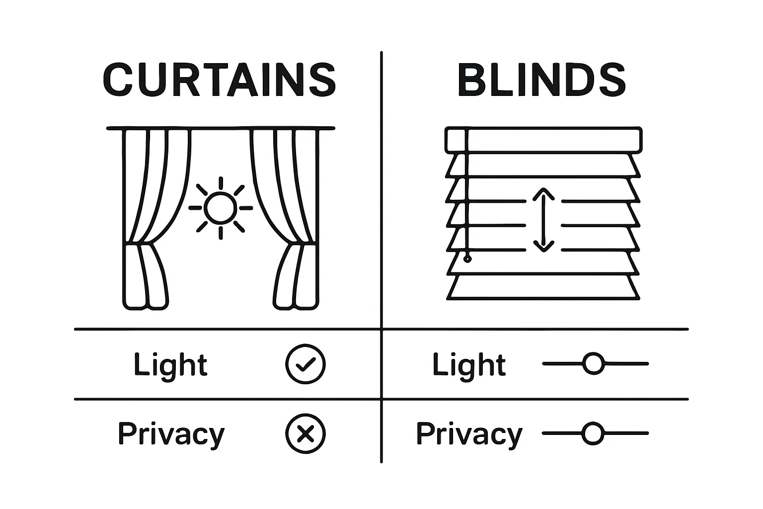 Infographic contrasts curtains vs blinds on privacy and light control.