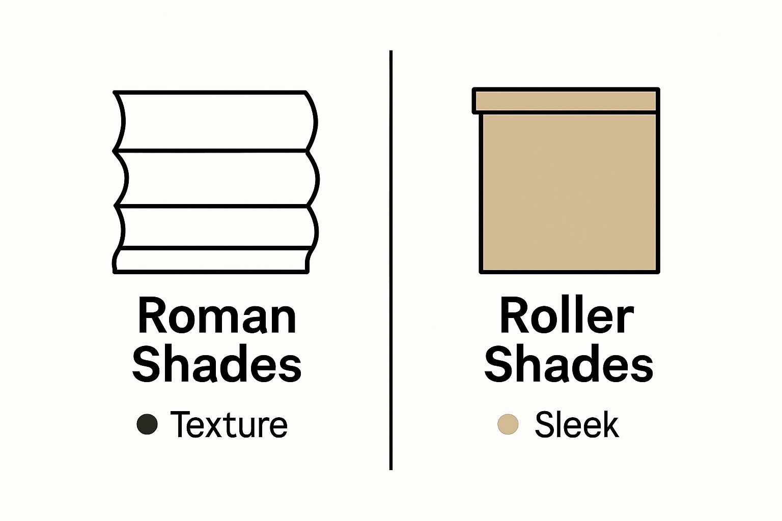 Simple icon comparison of roman shades versus roller shades