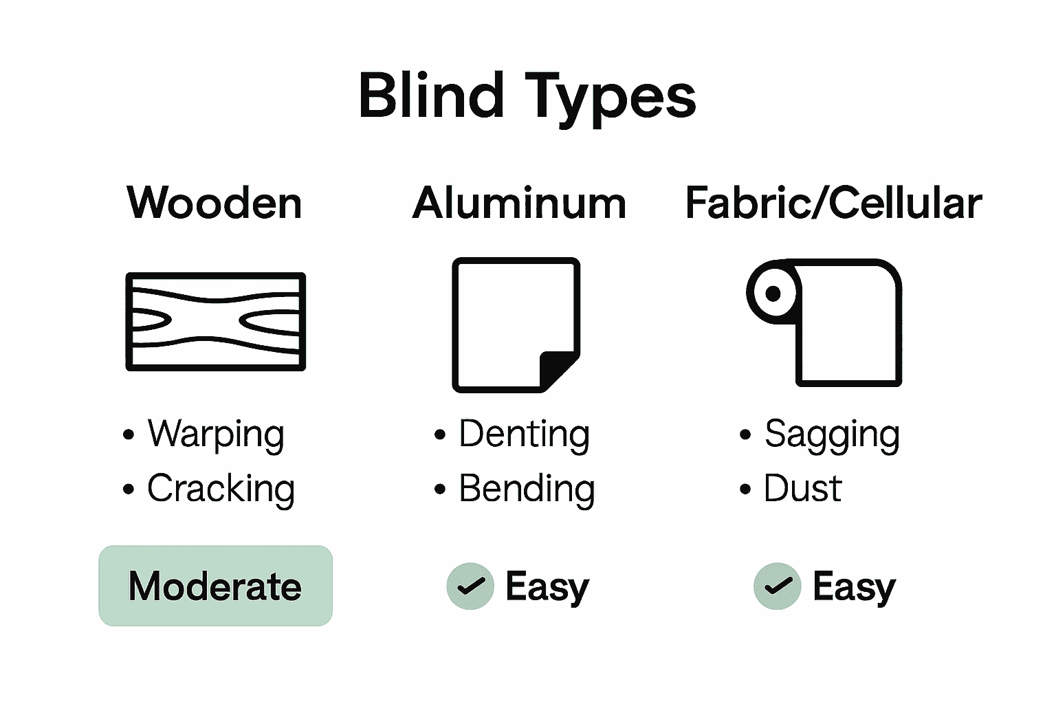 Visual comparison of wooden, aluminum, and fabric blinds—common issues and adjustment ease.