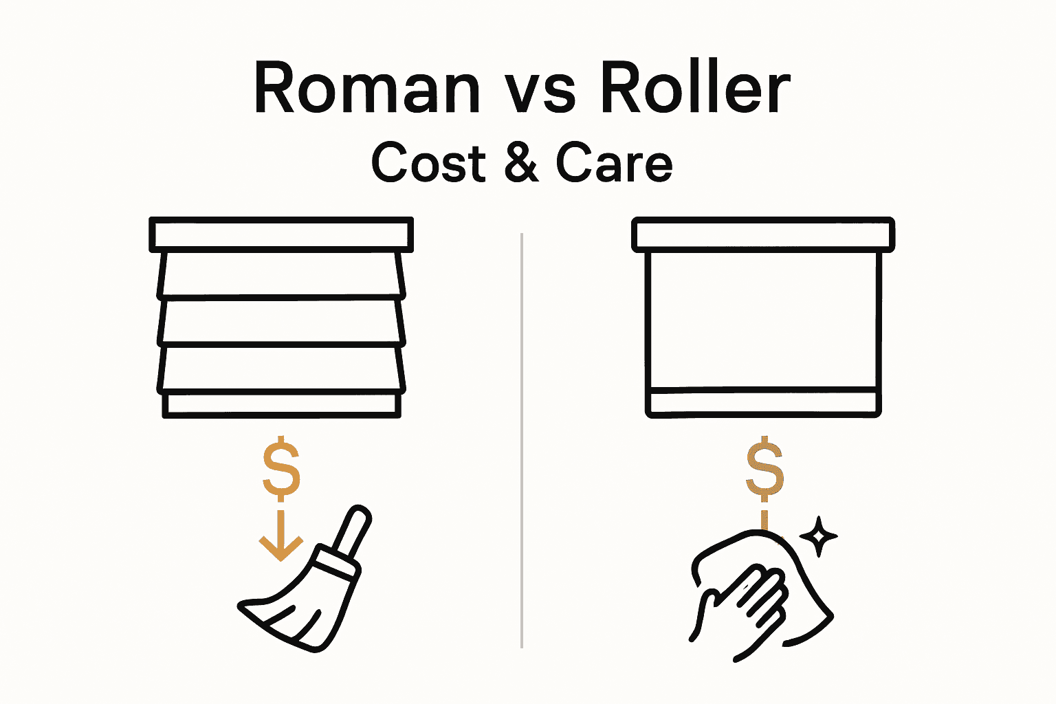 Icons comparing Roman and roller shades for cost and maintenance.