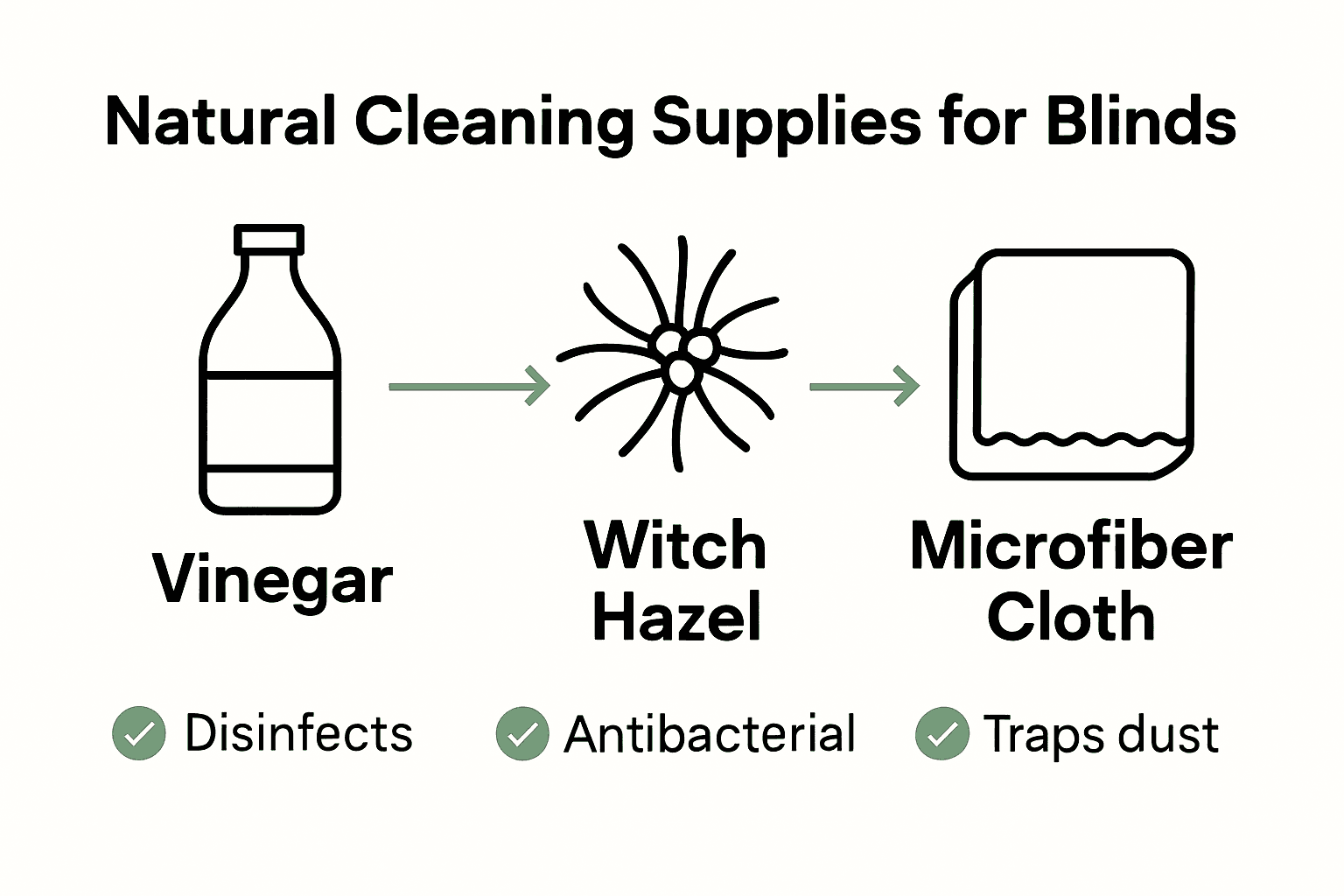 Infographic comparing eco-friendly cleaning supplies: vinegar, witch hazel, microfiber cloth.