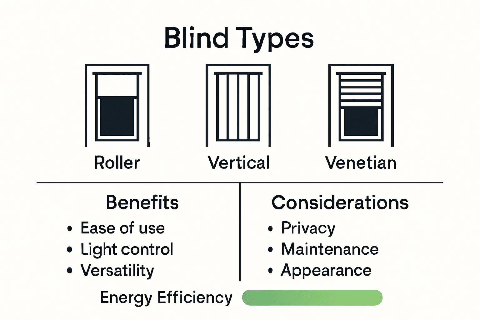 Infographic comparing blind types for French doors with benefits and energy efficiency ratings