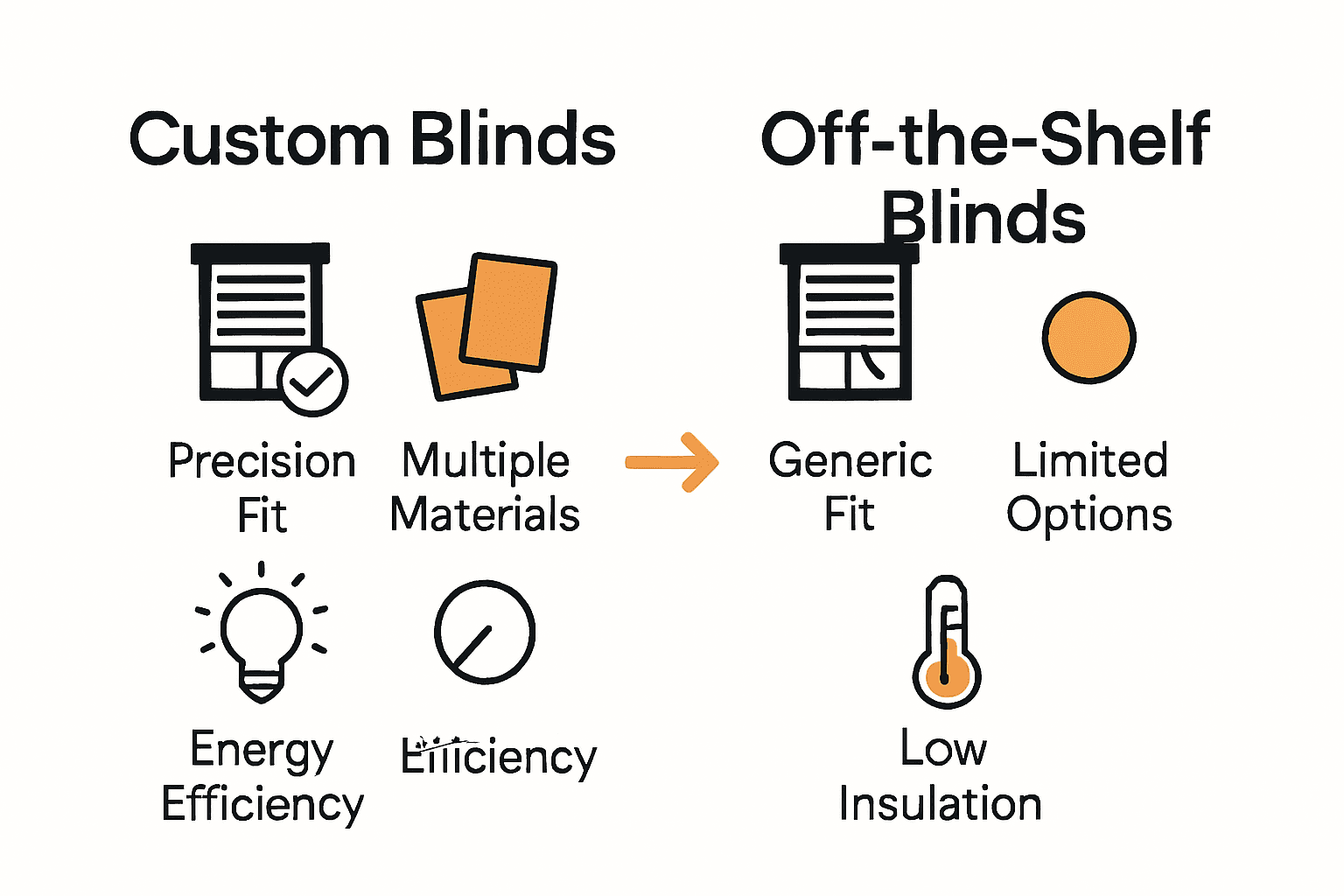 Infographic comparing custom and off-the-shelf blinds features and benefits.