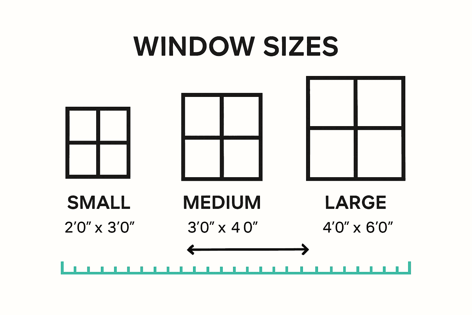 Infographic comparing common window sizes: small, medium, and large with dimensions.