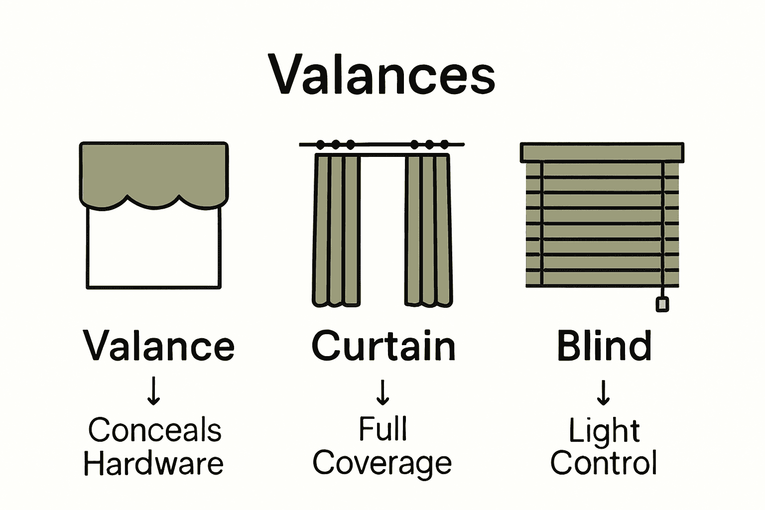 Infographic comparing functions of valances, curtains, and blinds