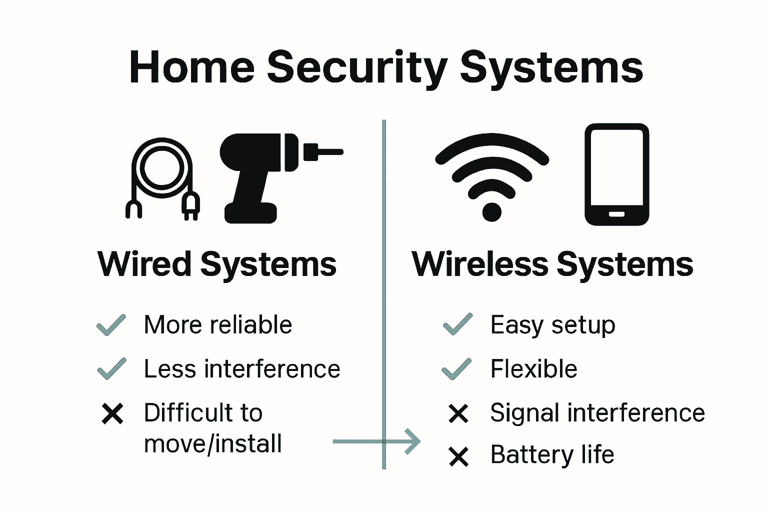 Infographic comparing wired and wireless home security systems.