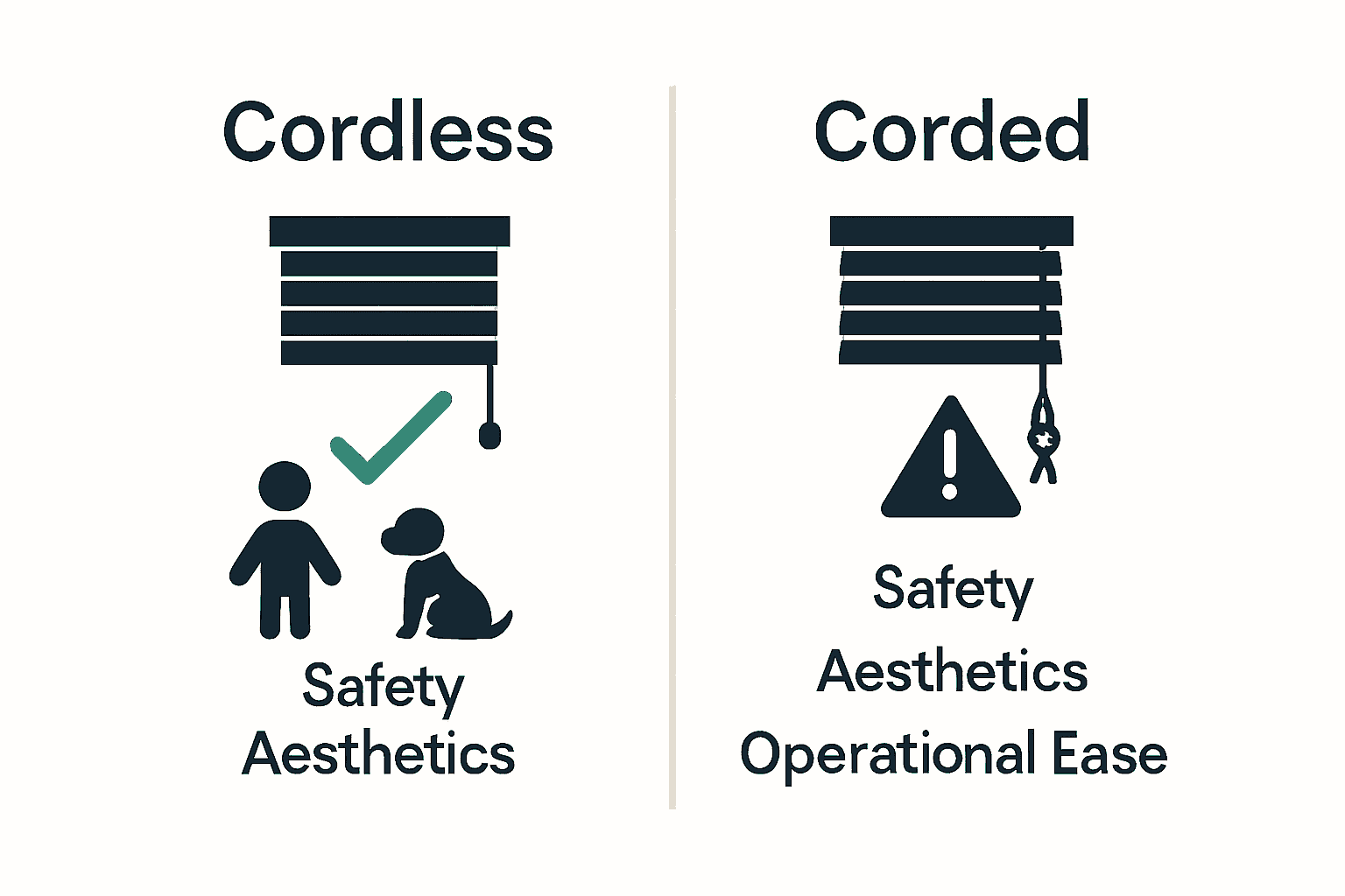 Infographic comparing cordless and corded window shade features with icons and brief captions.