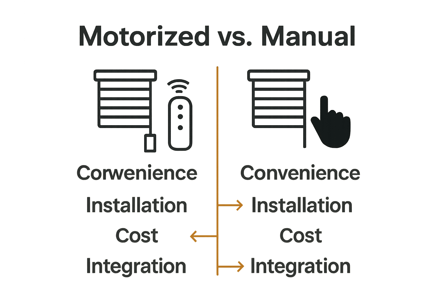 Comparison of motorized versus manual blinds with icons for remote control and hands-on operation.