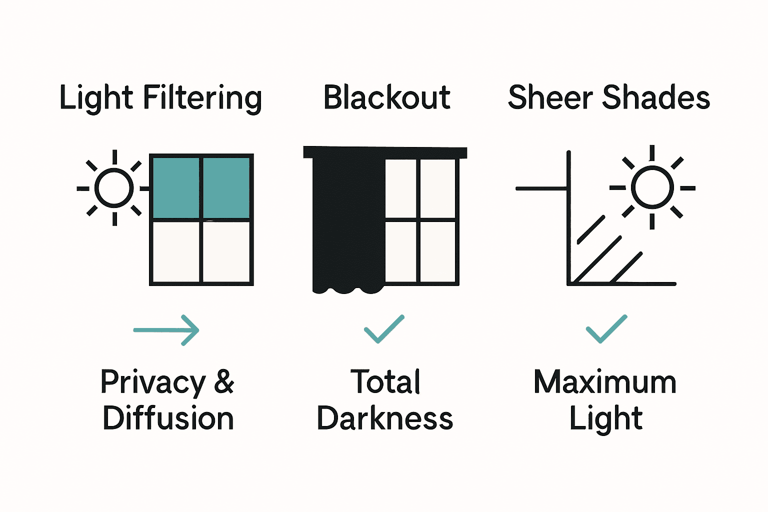 Infographic comparing light filtering, blackout, and sheer roller shades by privacy and light control.