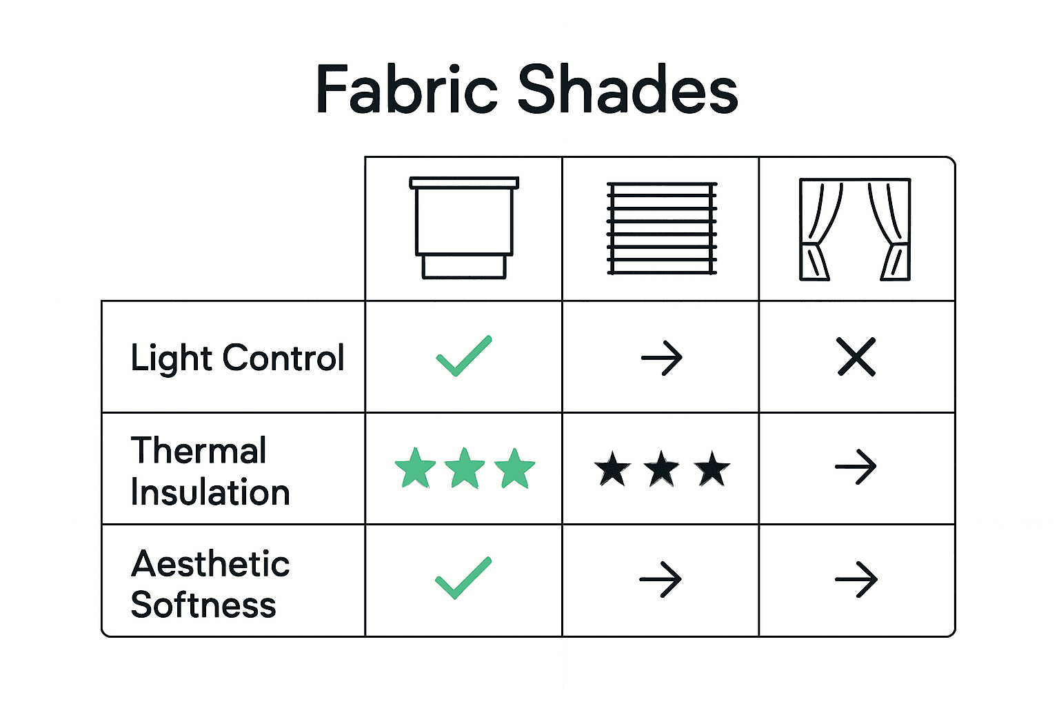 Infographic comparing fabric window shades with blinds and curtains for insulation, light control, and aesthetics.