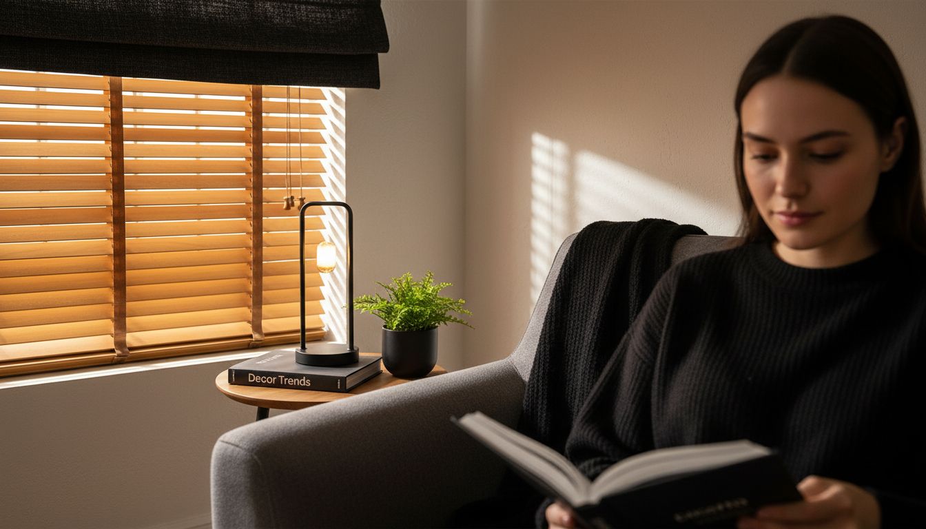 Close-up of blinds and valance in reading nook