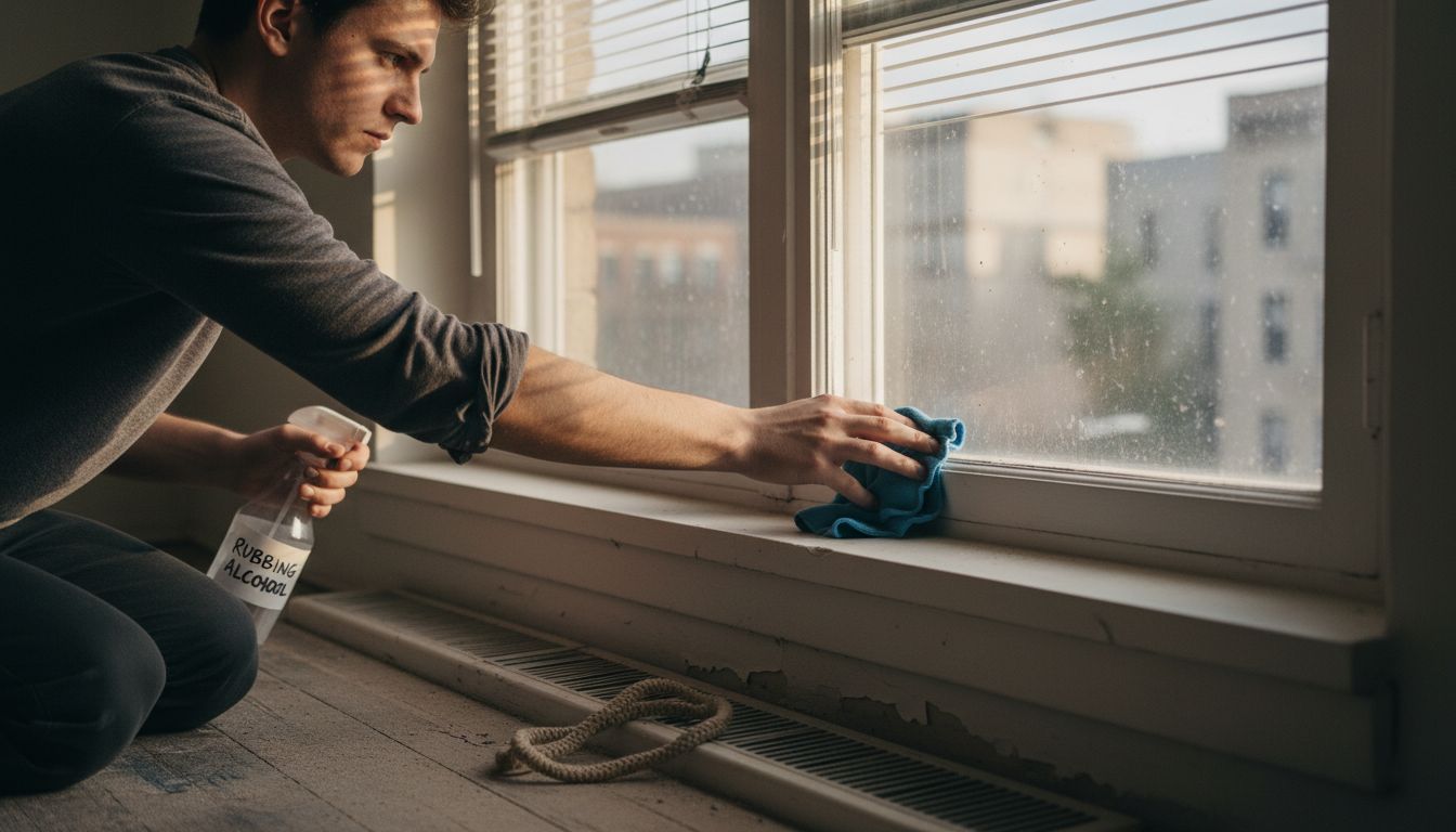 Man cleaning window frame for blinds
