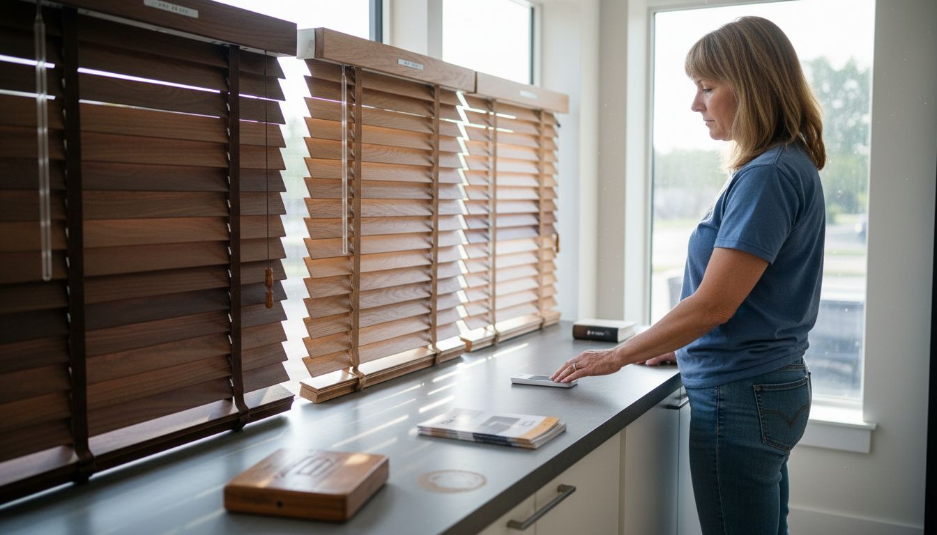 Closeup showing three wood blind styles