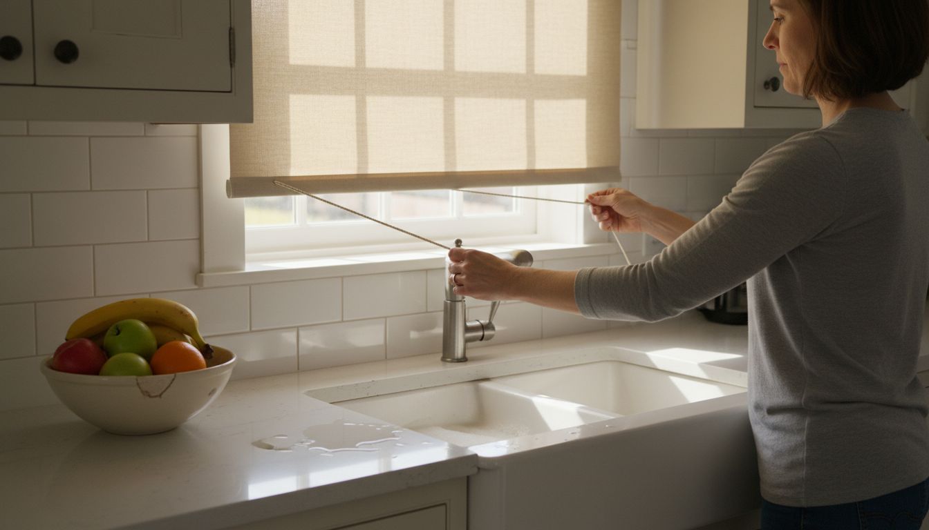 Woman lowering roller shade kitchen window