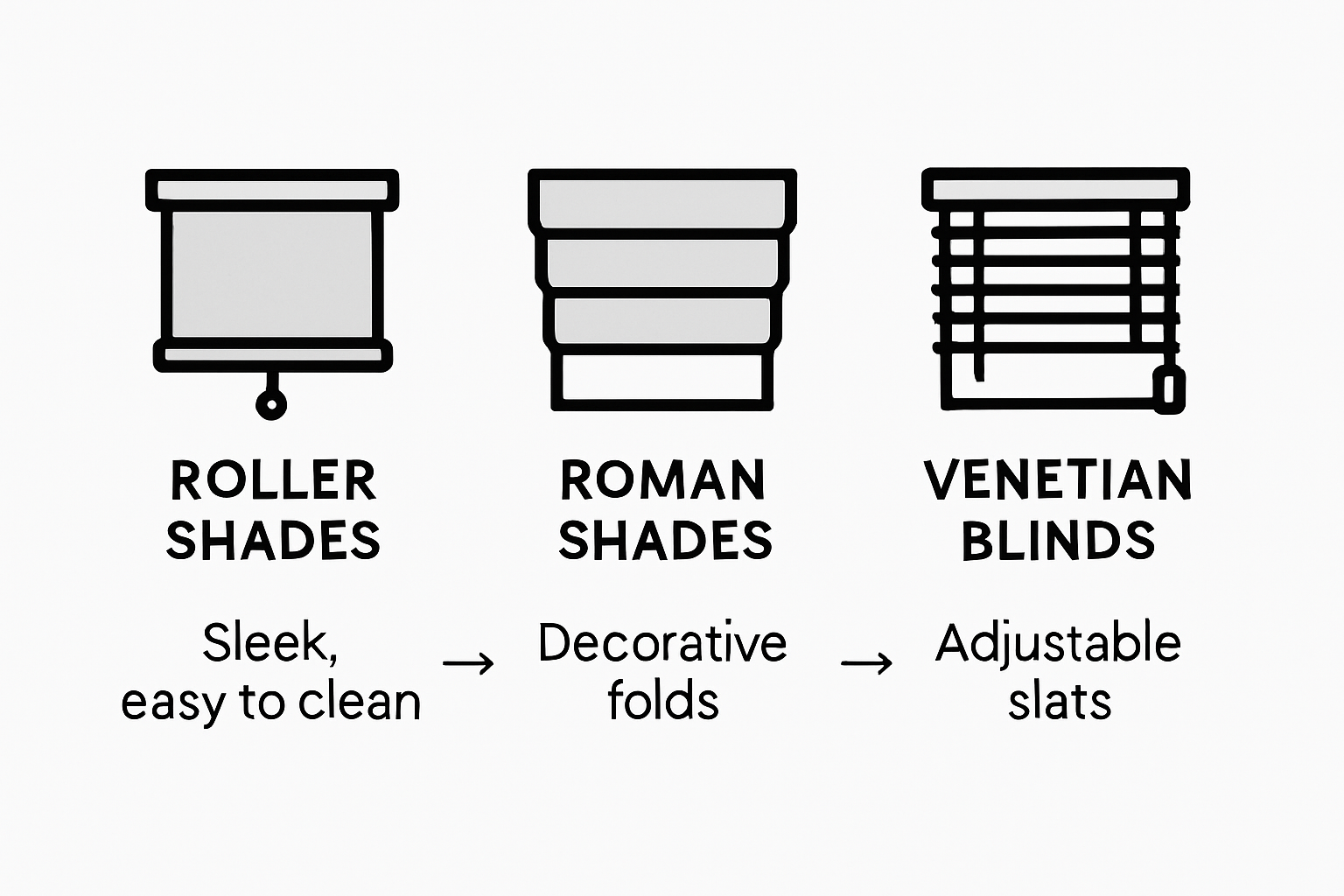 Infographic comparing roller, Roman, Venetian shades