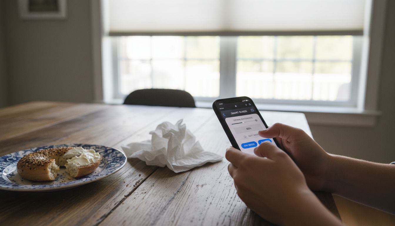 Close-up of customizing smart blinds with phone