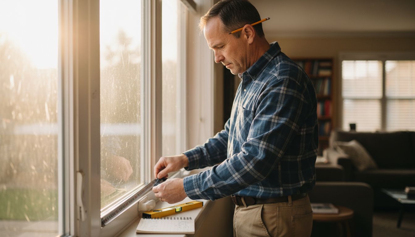 Man measures window frame for blinds