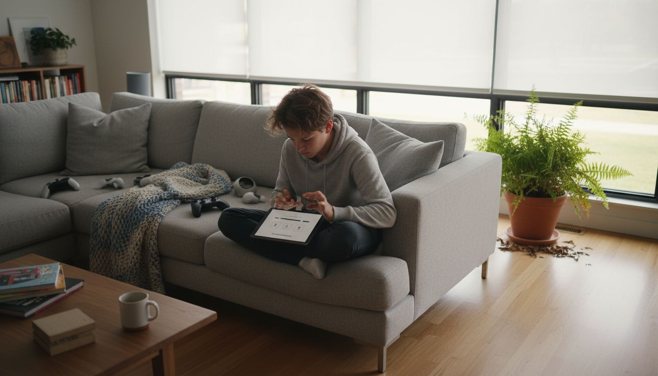 Teen uses tablet to control window shades