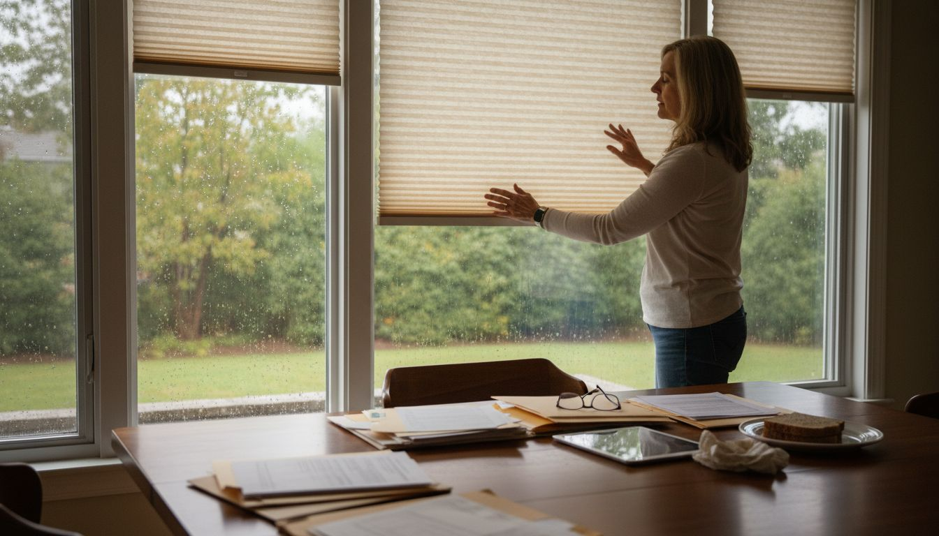 Woman adjusting honeycomb blinds on rainy day