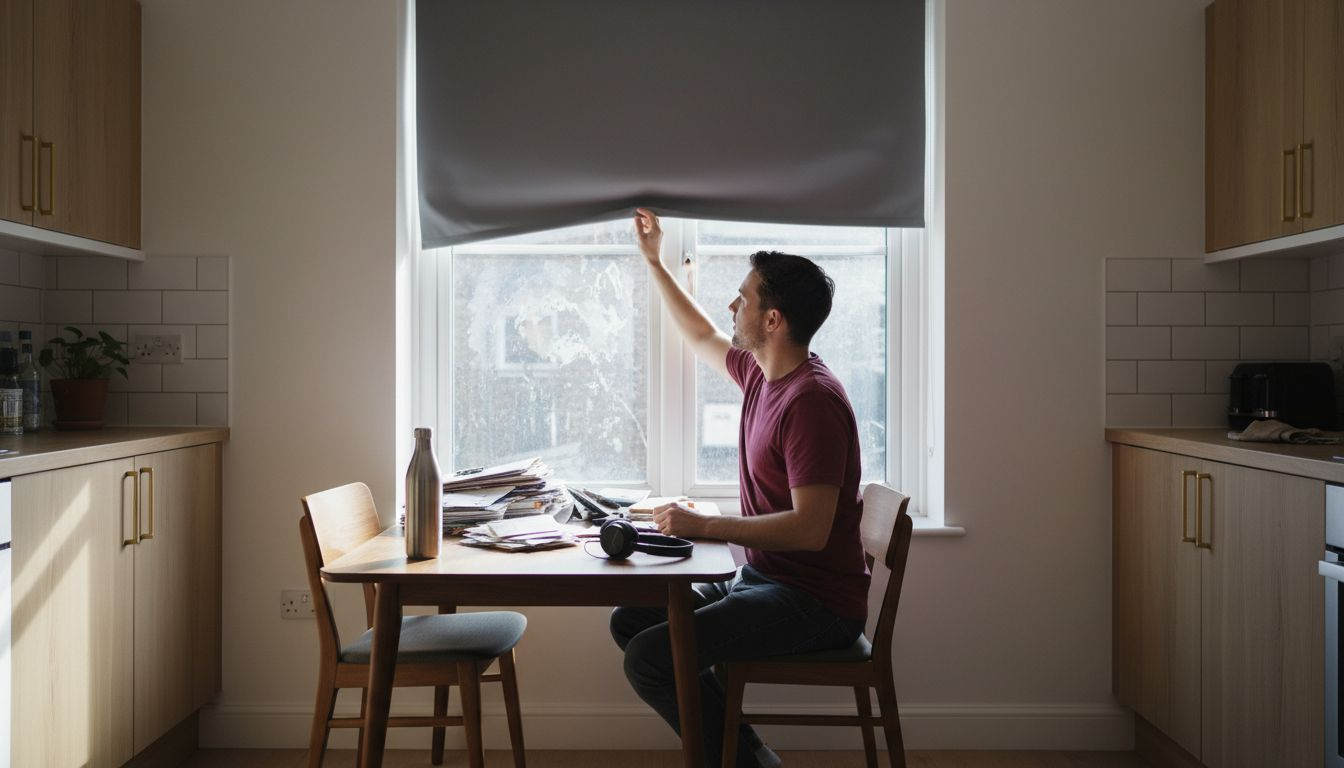 Person lowering roller shade in dining room