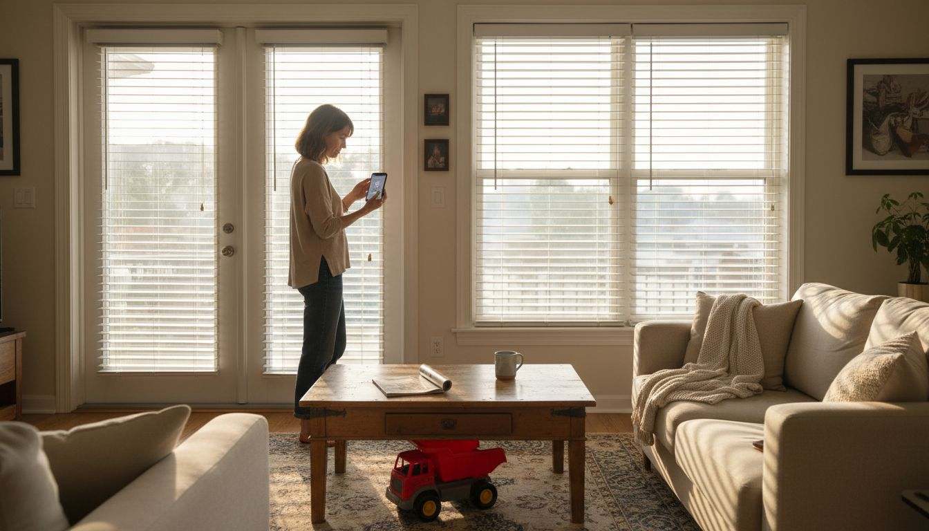 Woman uses phone to control venetian blinds