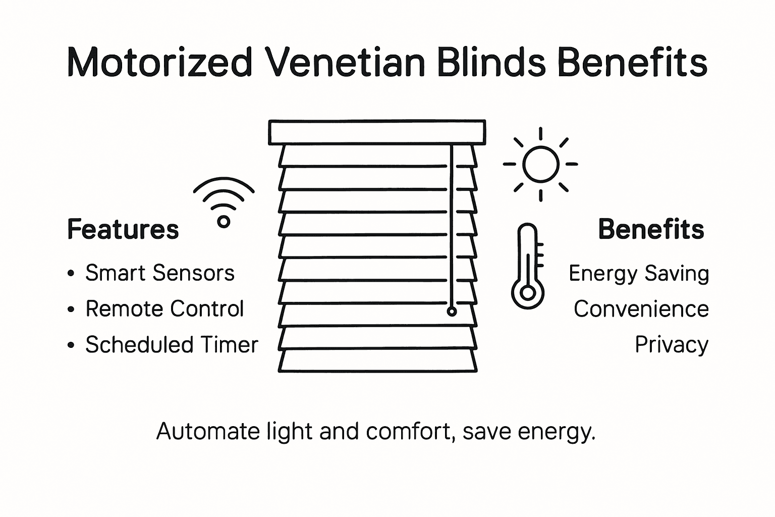 Infographic with motorized blinds features and benefits