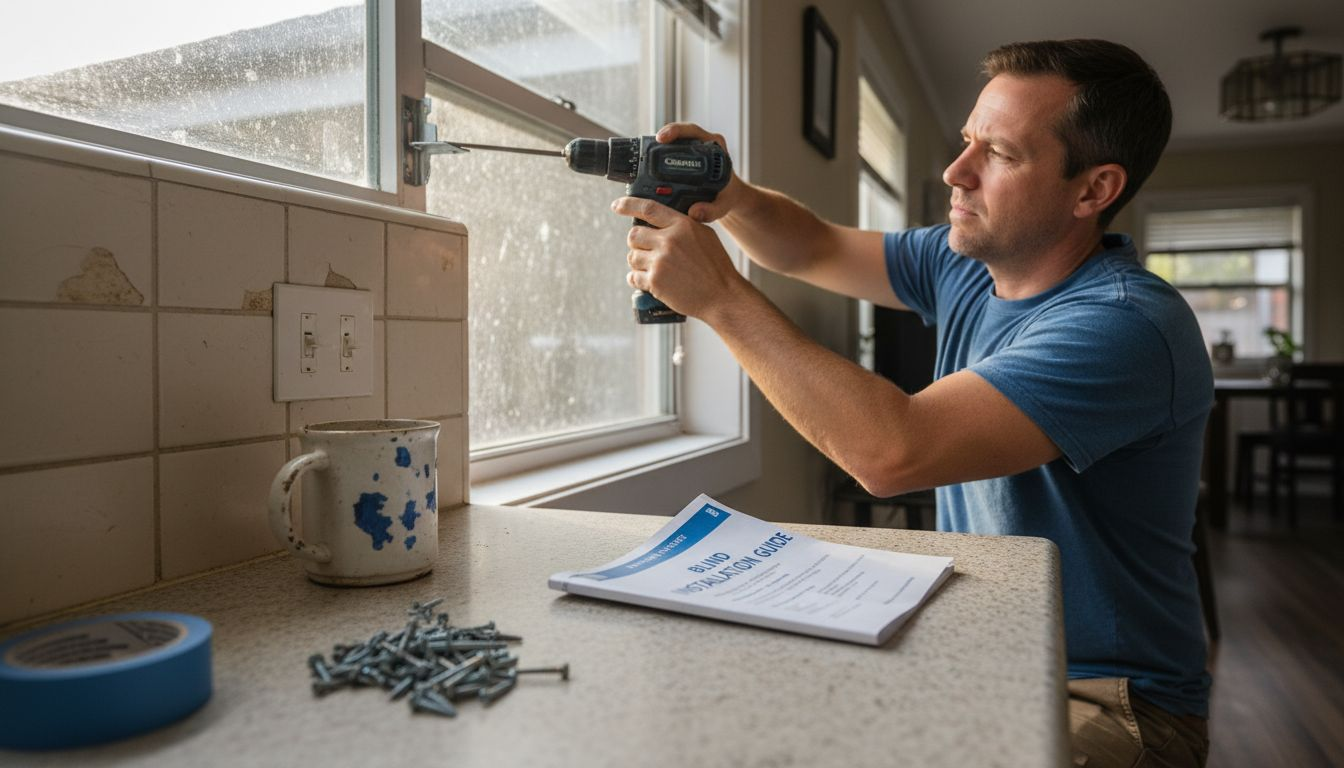 Man installing blind bracket in kitchen window