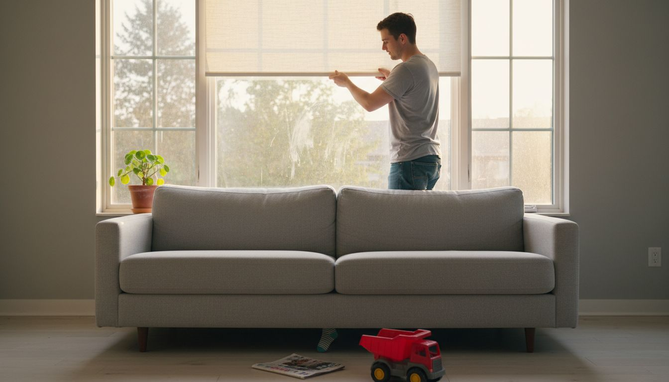 Man lowering roller shade in living room