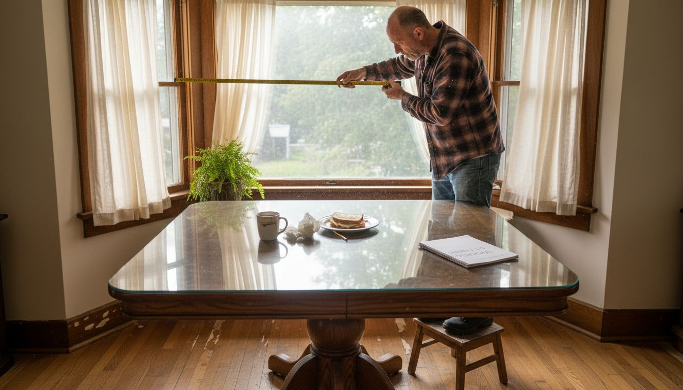 Man measuring window width for blinds