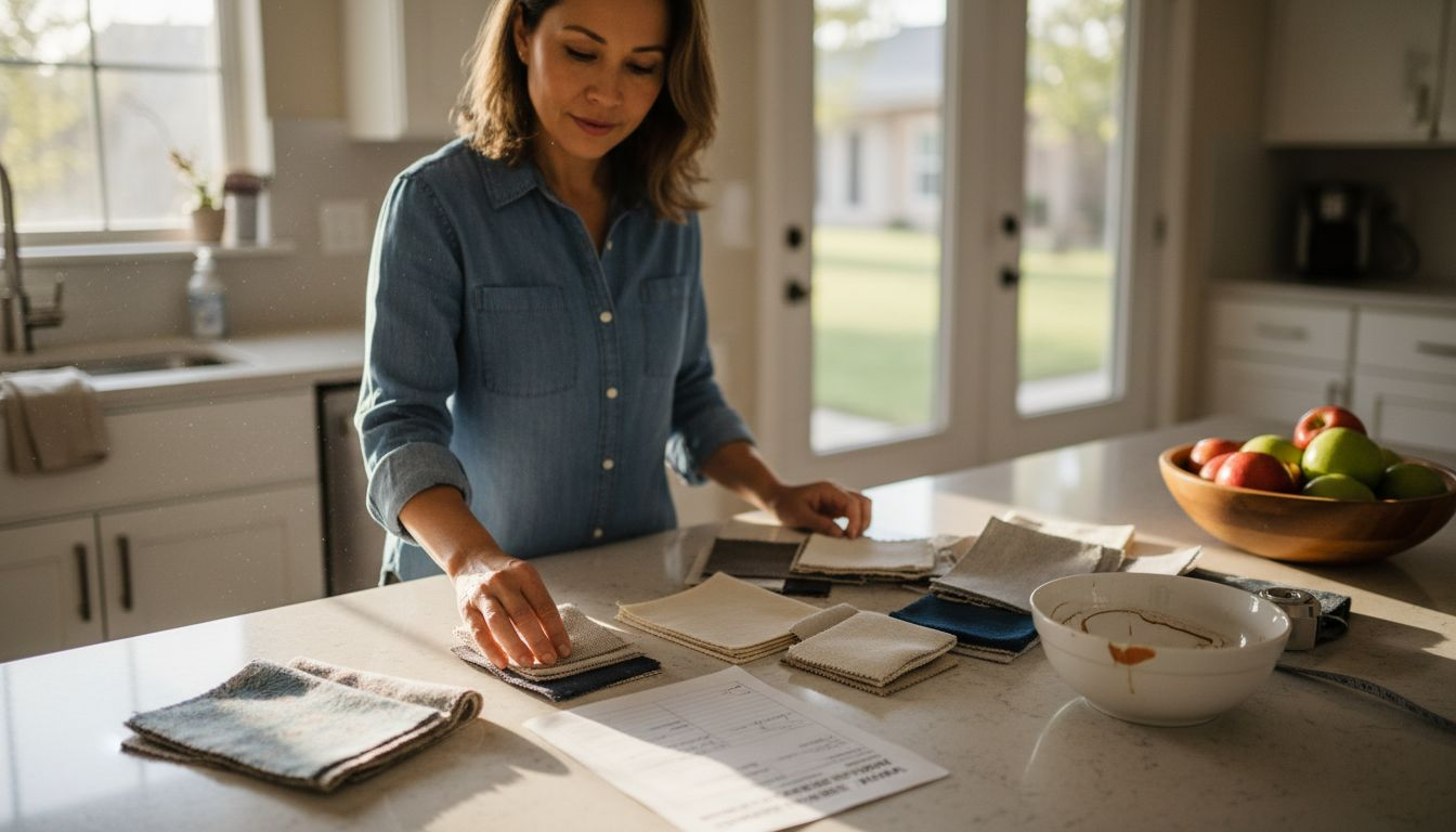 Homeowner reviewing shade fabric samples