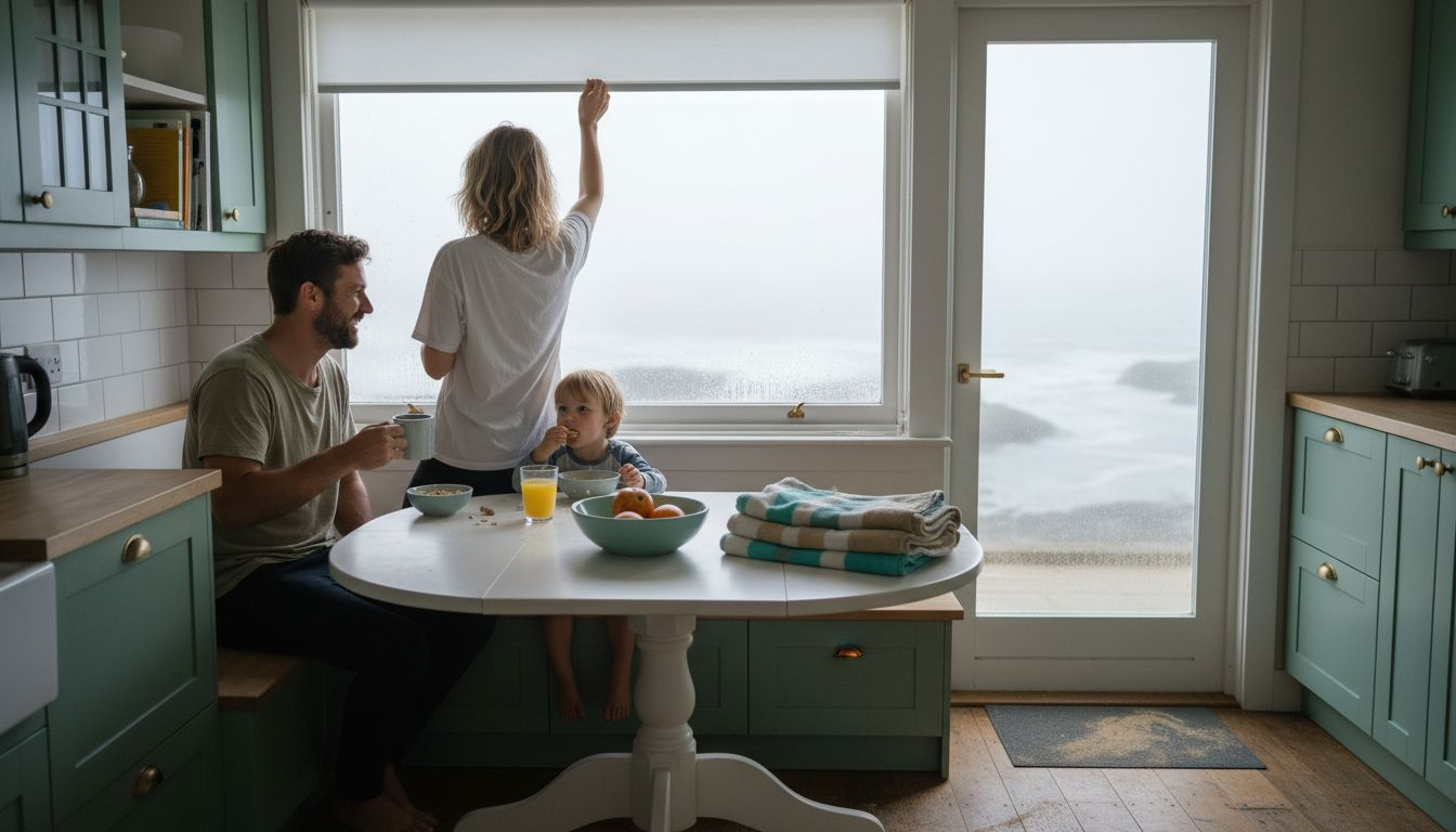 Family with waterproof shades in coastal kitchen